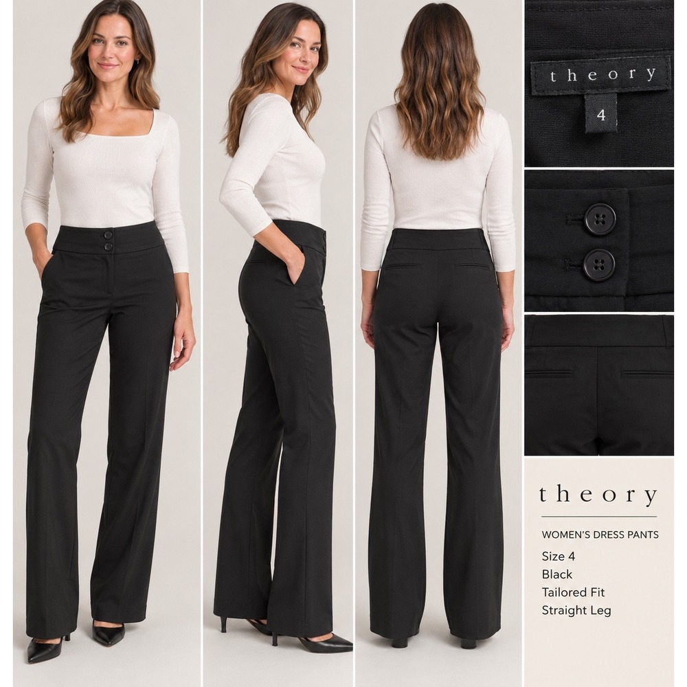 Theory Womens Black Tailored Straight Leg Dress Pants Size 4 Professional Work